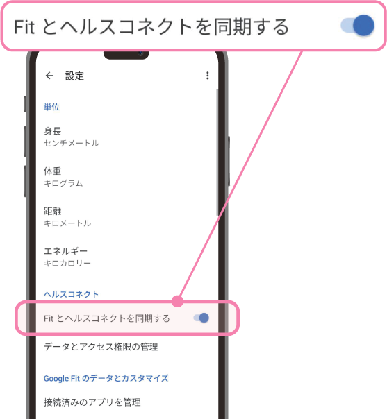 「Fitとヘルスコネクトを同期する」を有効にする